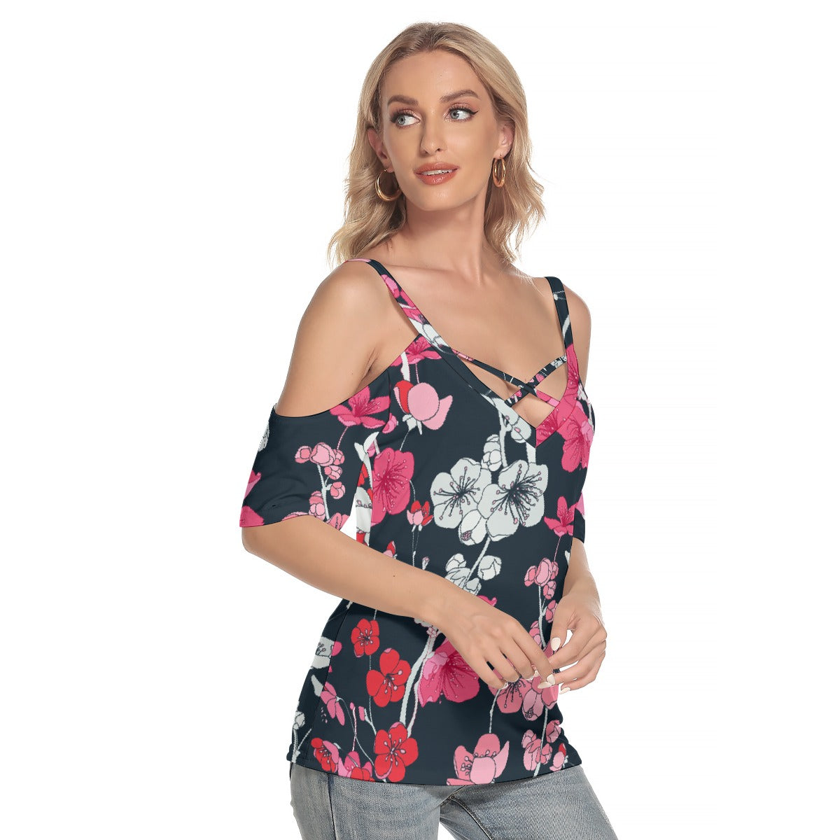 All-Over Print Women's Cold Shoulder T-shirt With Criss Cross Strips