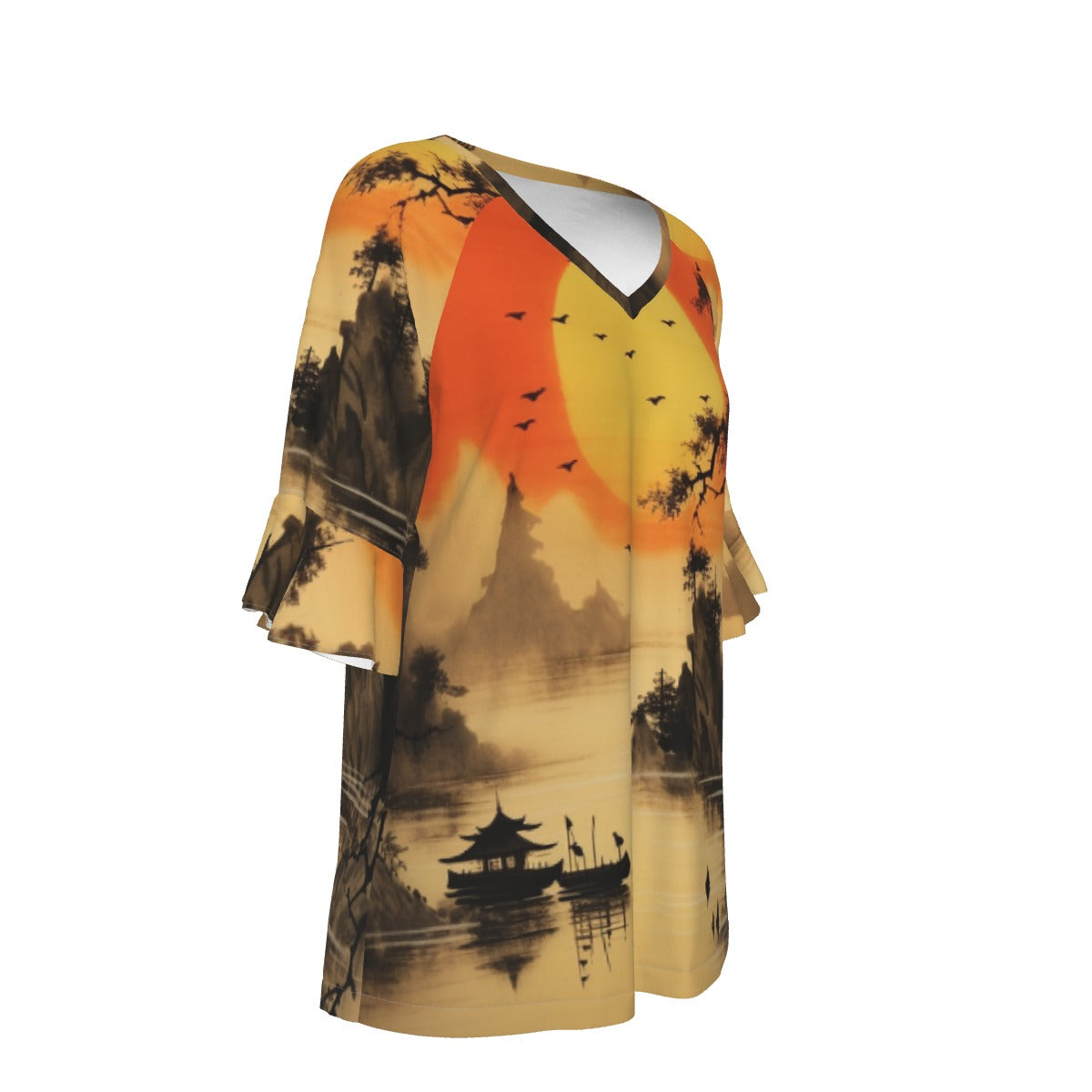 All-Over Print V-neck Women's T-shirt With Bell Sleeve