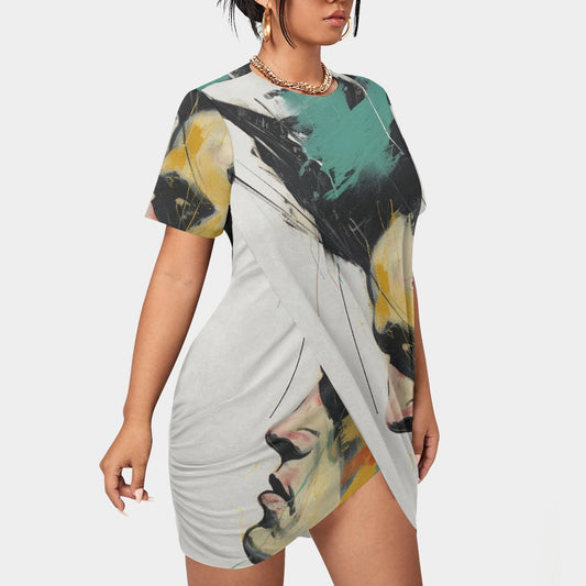 All-Over Print Women’s Stacked Hem Dress With Short Sleeve（Plus Size）