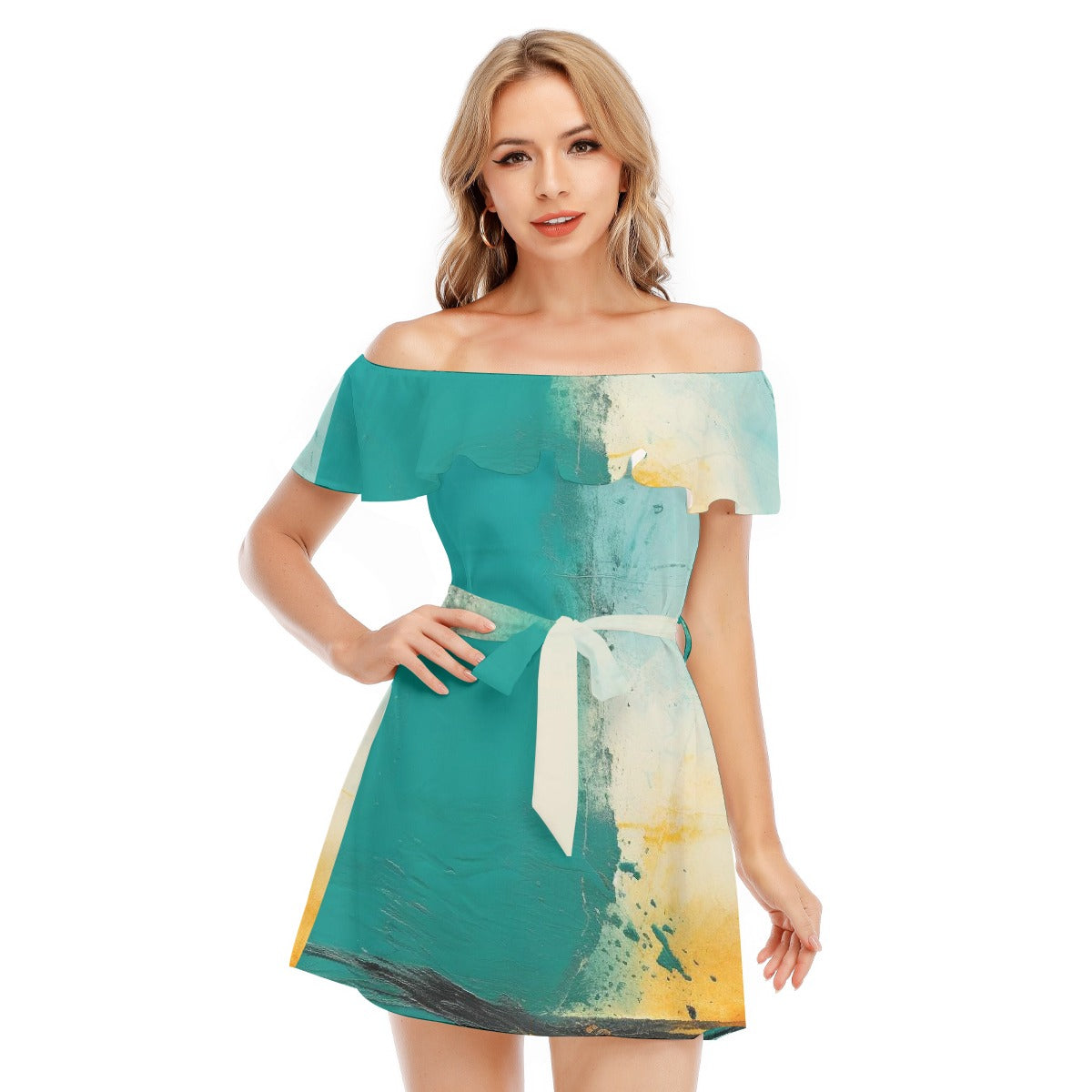 All-Over Print Women's Off-shoulder Dress With Ruffle