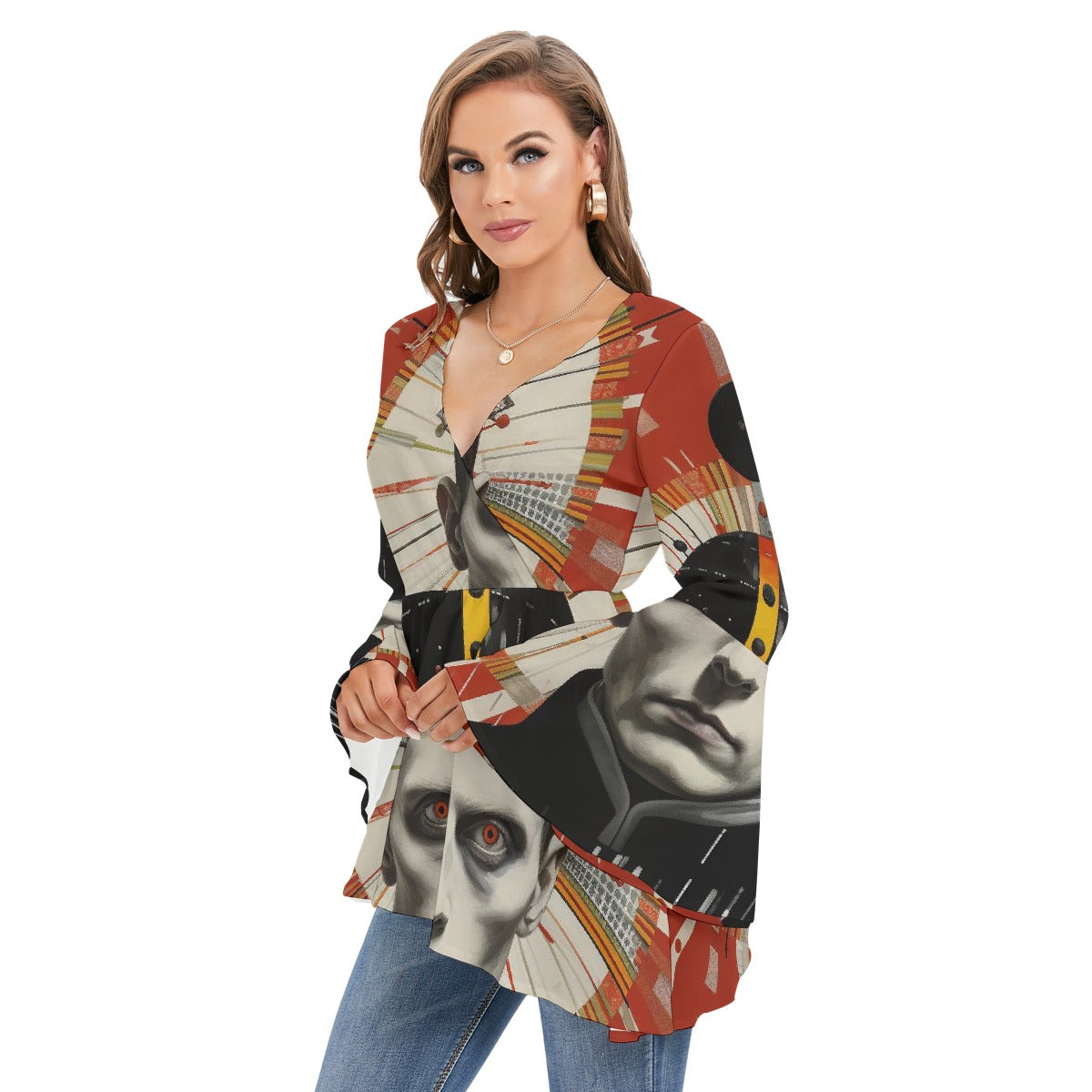 All-Over Print Women's V-neck Blouse With Flared Sleeves