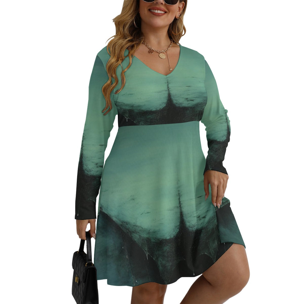 All-Over Print Women's V-neck Long Sleeve Dress(Plus Size)