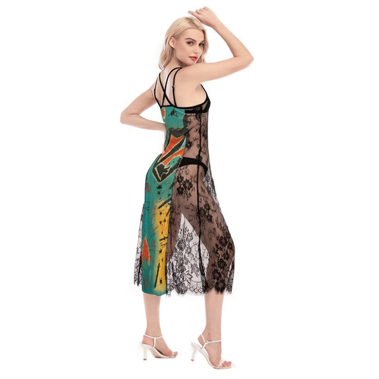 All-Over Print Women's Lace Cami Cross Back Dress