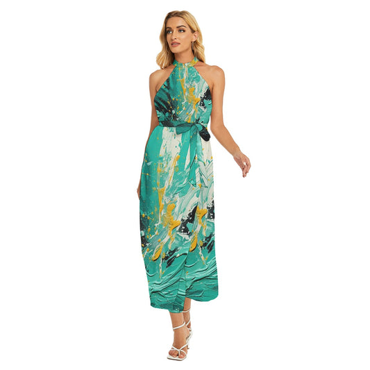 All-Over Print Women's Wrap Hem Belted Halter Dress