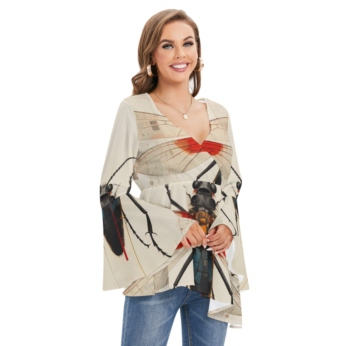 All-Over Print Women's V-neck Blouse With Flared Sleeves