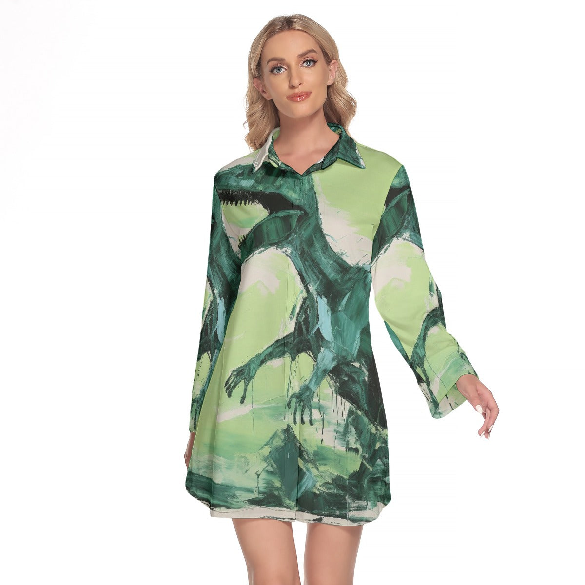 All-Over Print Women's Lapel Shirt Dress With Long Sleeve