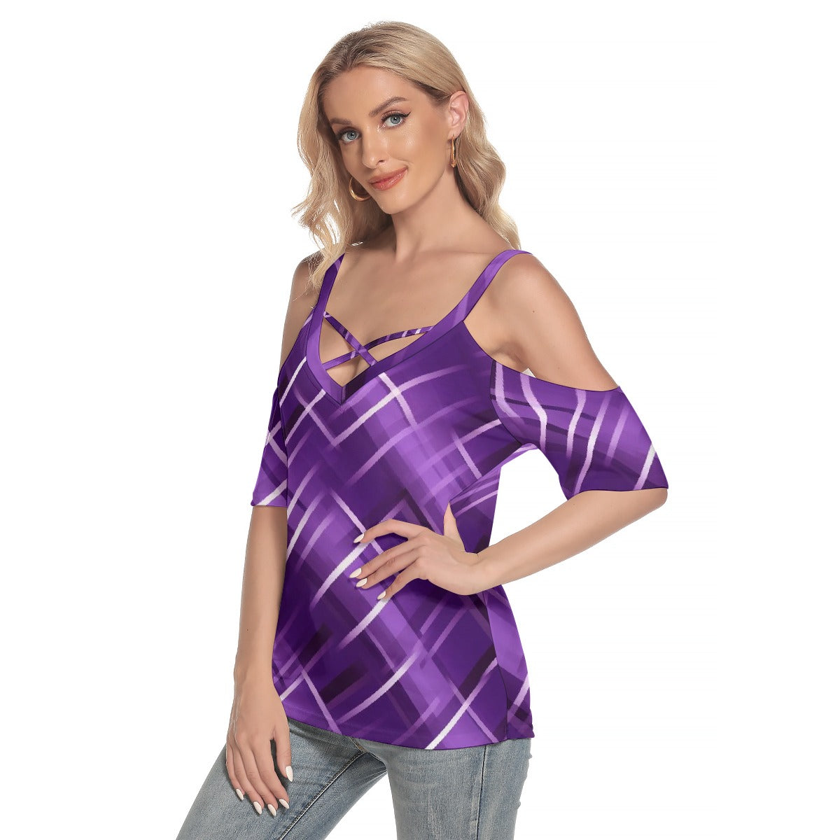 All-Over Print Women's Cold Shoulder T-shirt With Criss Cross Strips