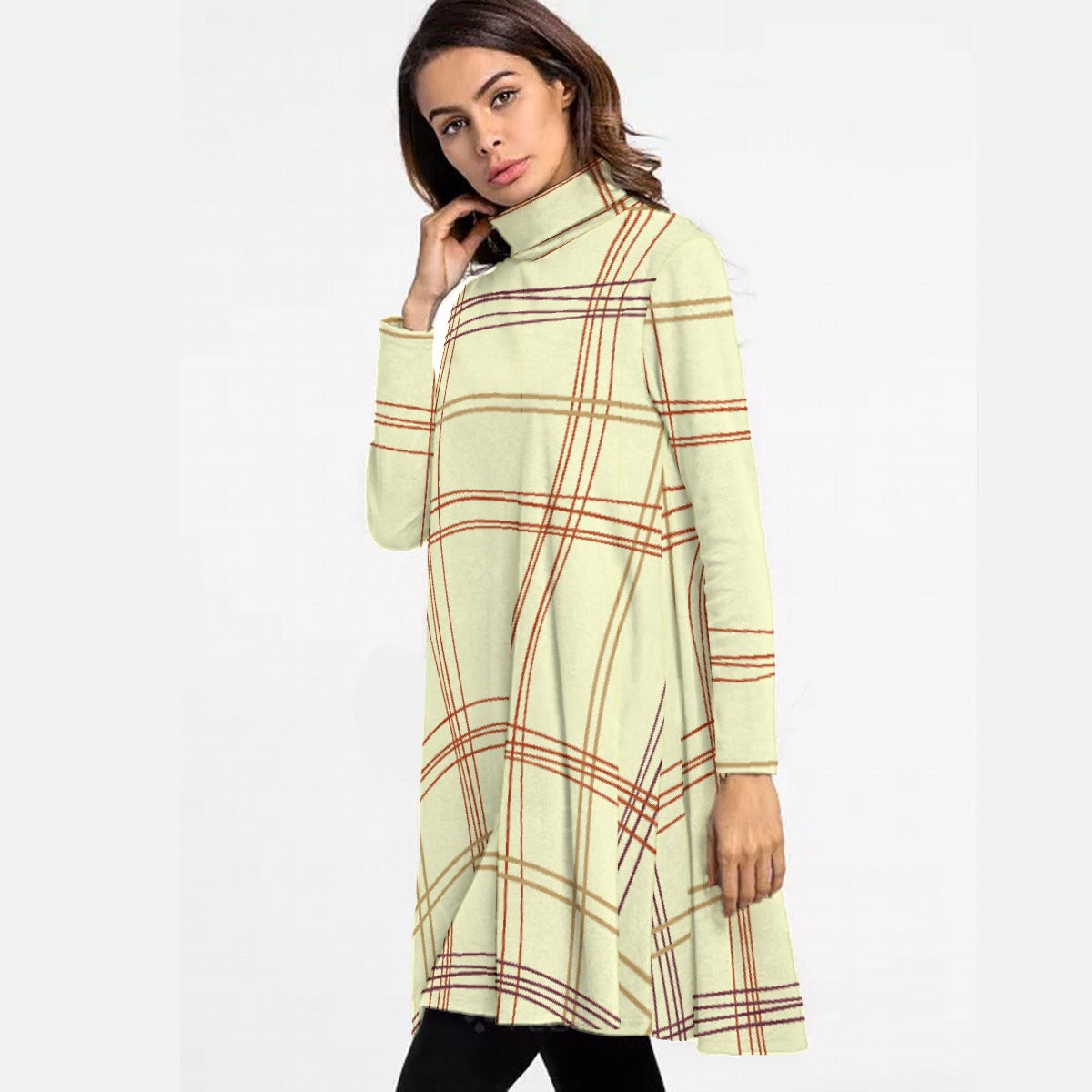 All-Over Print Women's High Neck Dress With Long Sleeve