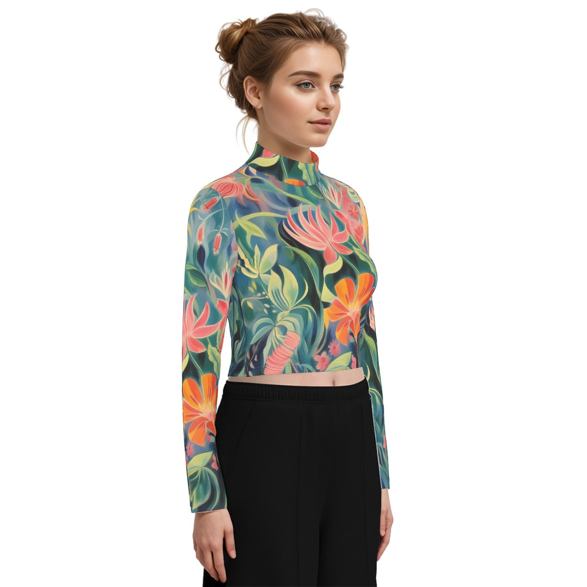 Eco-Friendly All-Over Print Women's Turtleneck T-shirt With Long Sleeve