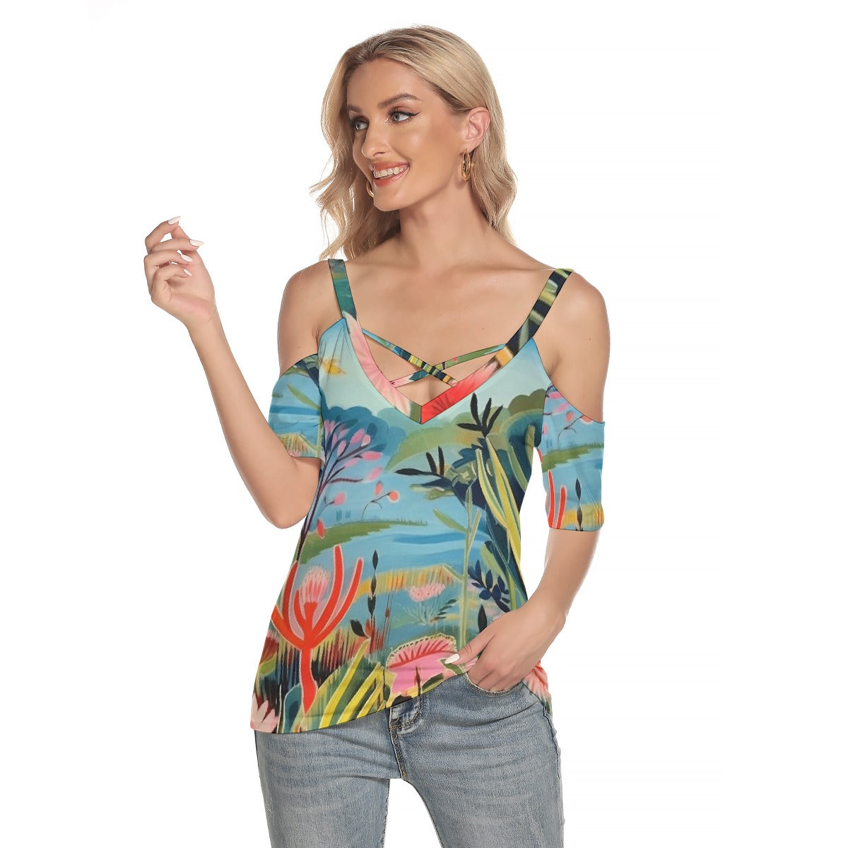 All-Over Print Women's Cold Shoulder T-shirt With Criss Cross Strips