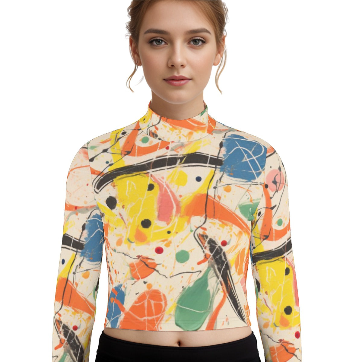 Eco-Friendly All-Over Print Women's Turtleneck T-shirt With Long Sleeve