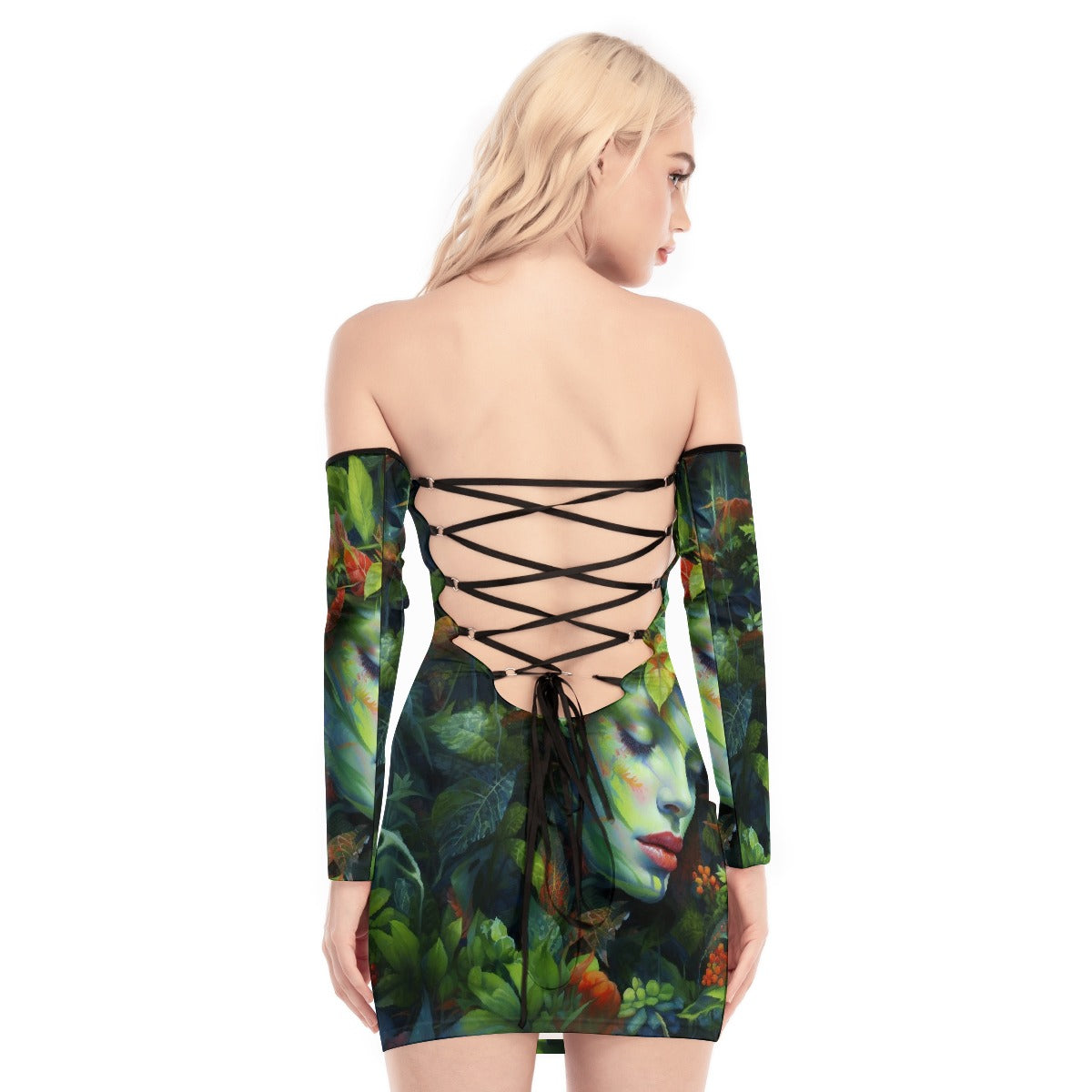 All-Over Print Women's Off-shoulder Back Lace-up Dress