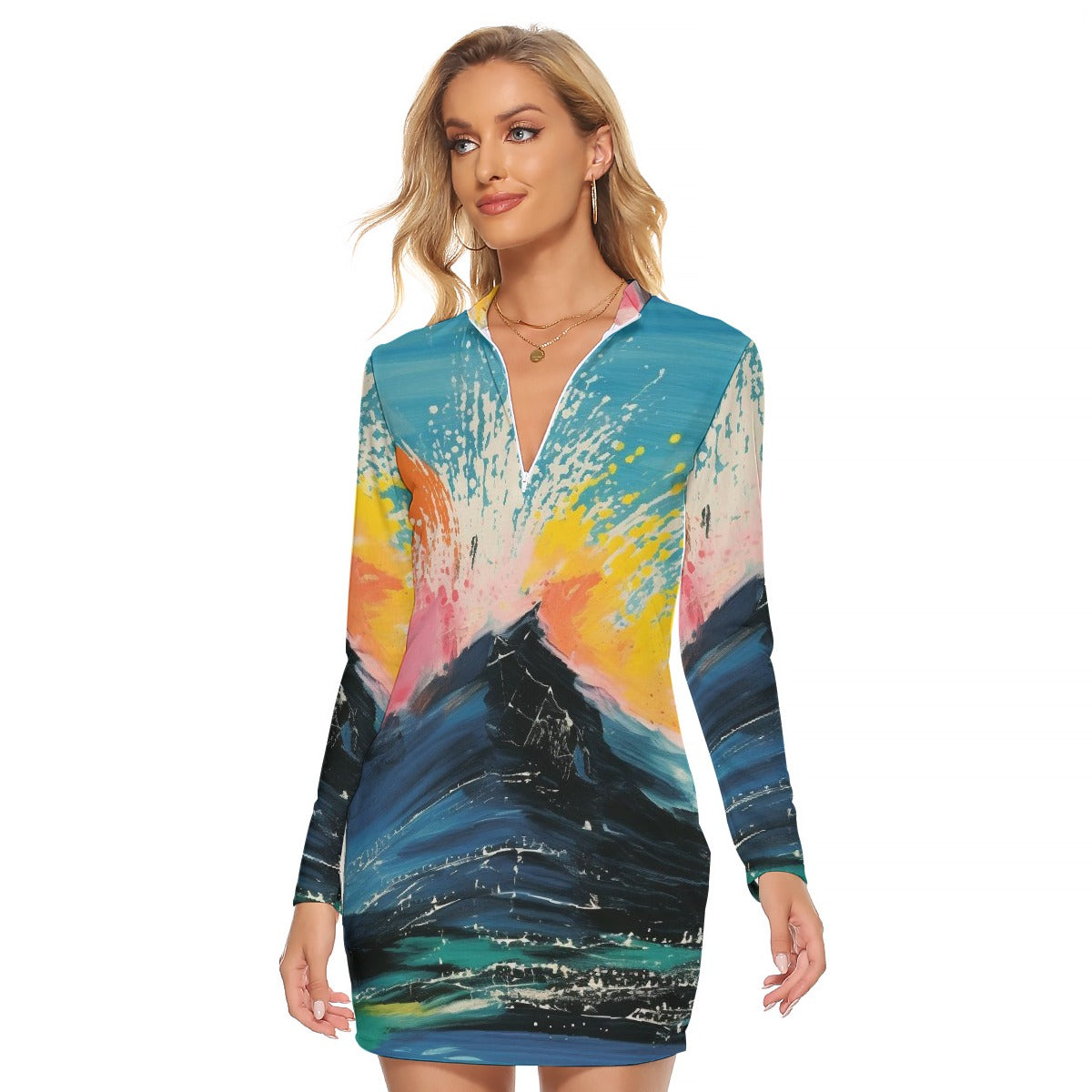 All-Over Print Women's Zip Front Tight Dress