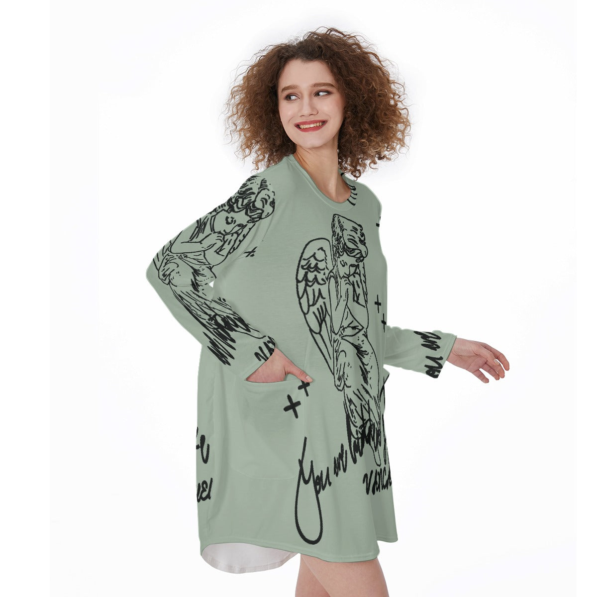 All-Over Print Women's Casual Loose Long Sleeve Dress With Pocket