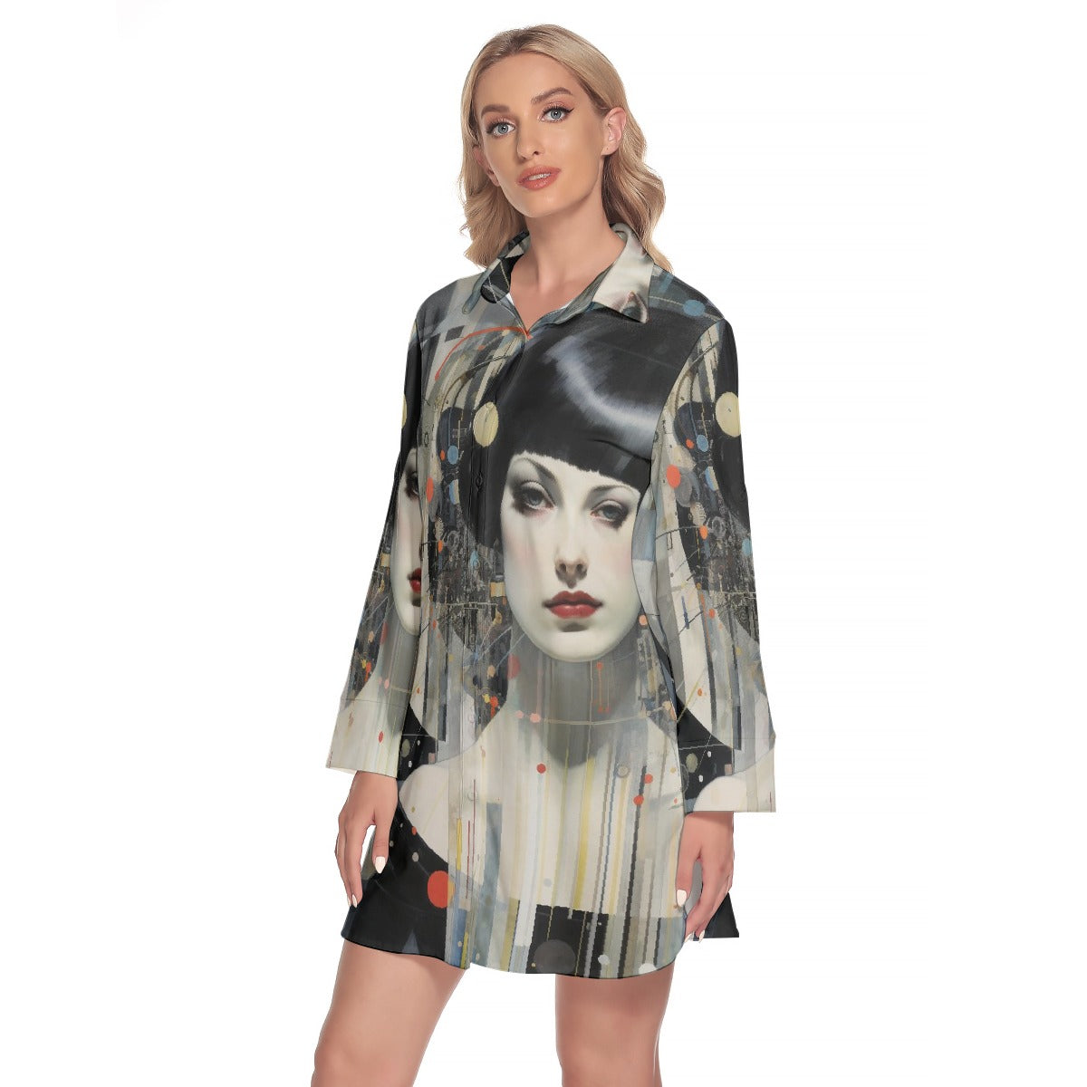 All-Over Print Women's Lapel Shirt Dress With Long Sleeve