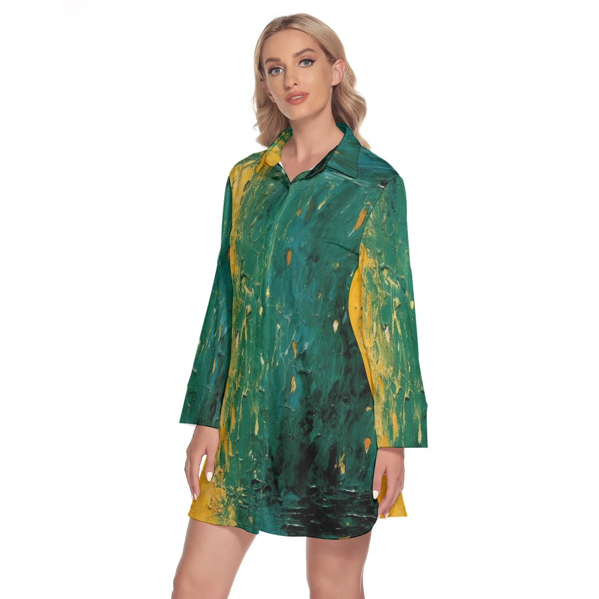 All-Over Print Women's Lapel Shirt Dress With Long Sleeve