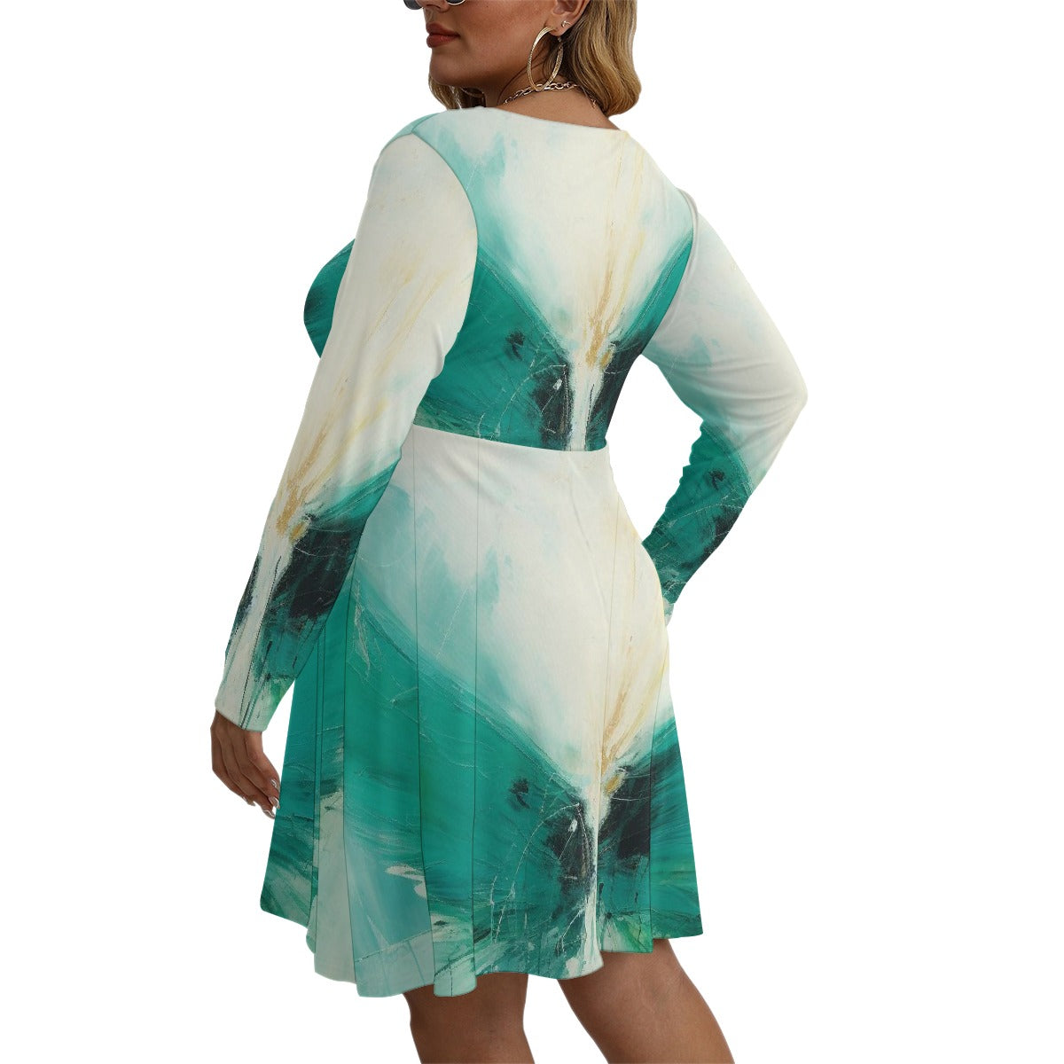 All-Over Print Women's V-neck Long Sleeve Dress(Plus Size)