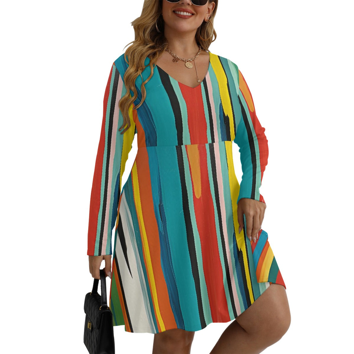 All-Over Print Women's V-neck Long Sleeve Dress(Plus Size)