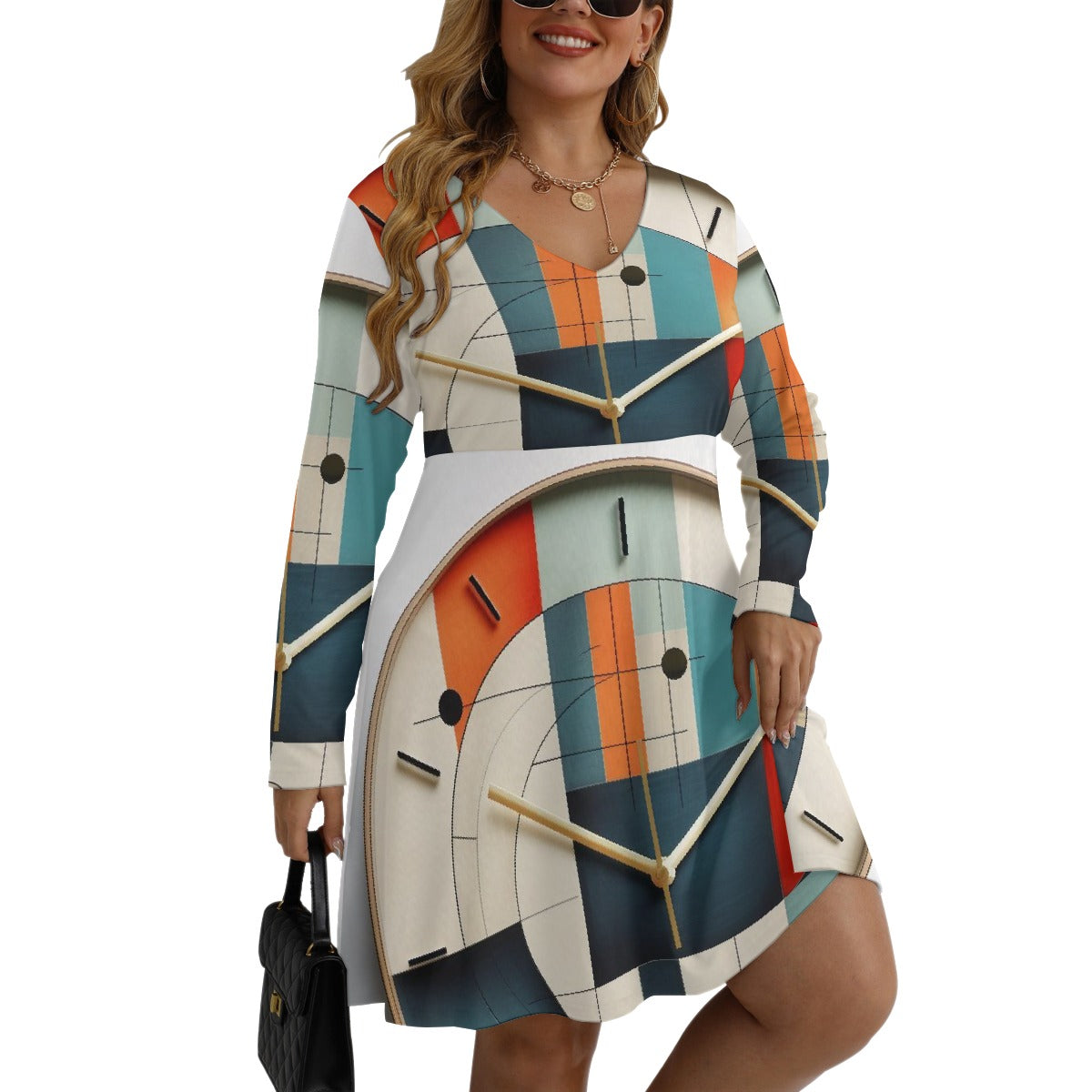 All-Over Print Women's V-neck Long Sleeve Dress(Plus Size)