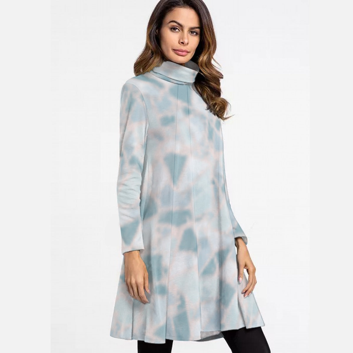 All-Over Print Women's High Neck Dress With Long Sleeve