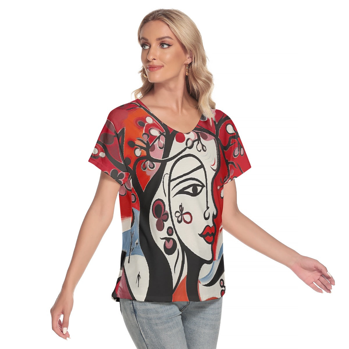 All-Over Print Women's Loose V-neck Short Sleeve T-shirt