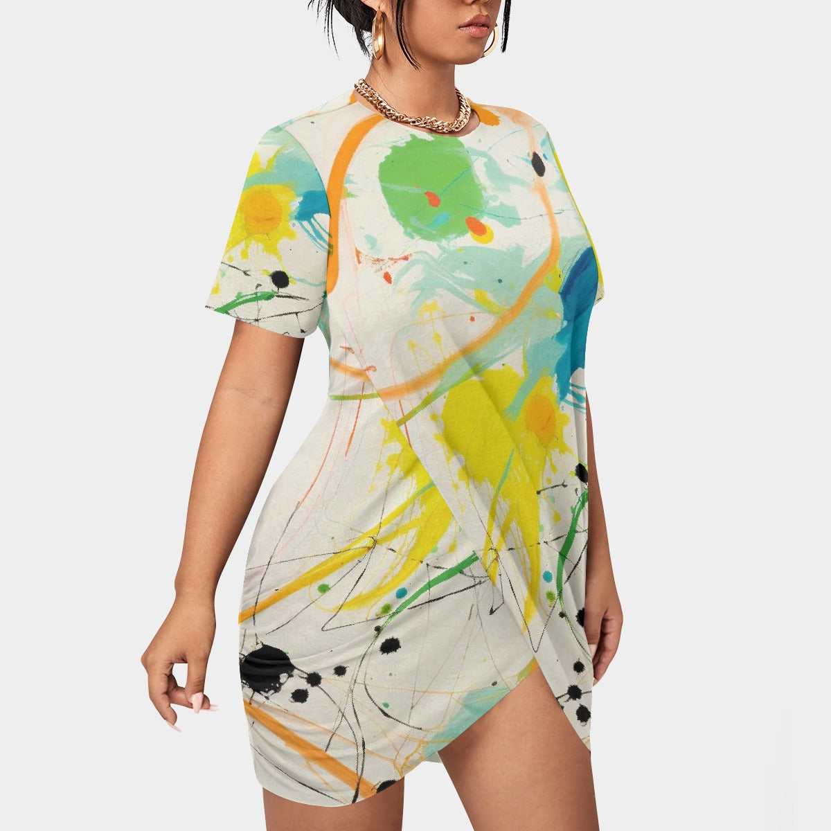 All-Over Print Women’s Stacked Hem Dress With Short Sleeve（Plus Size）