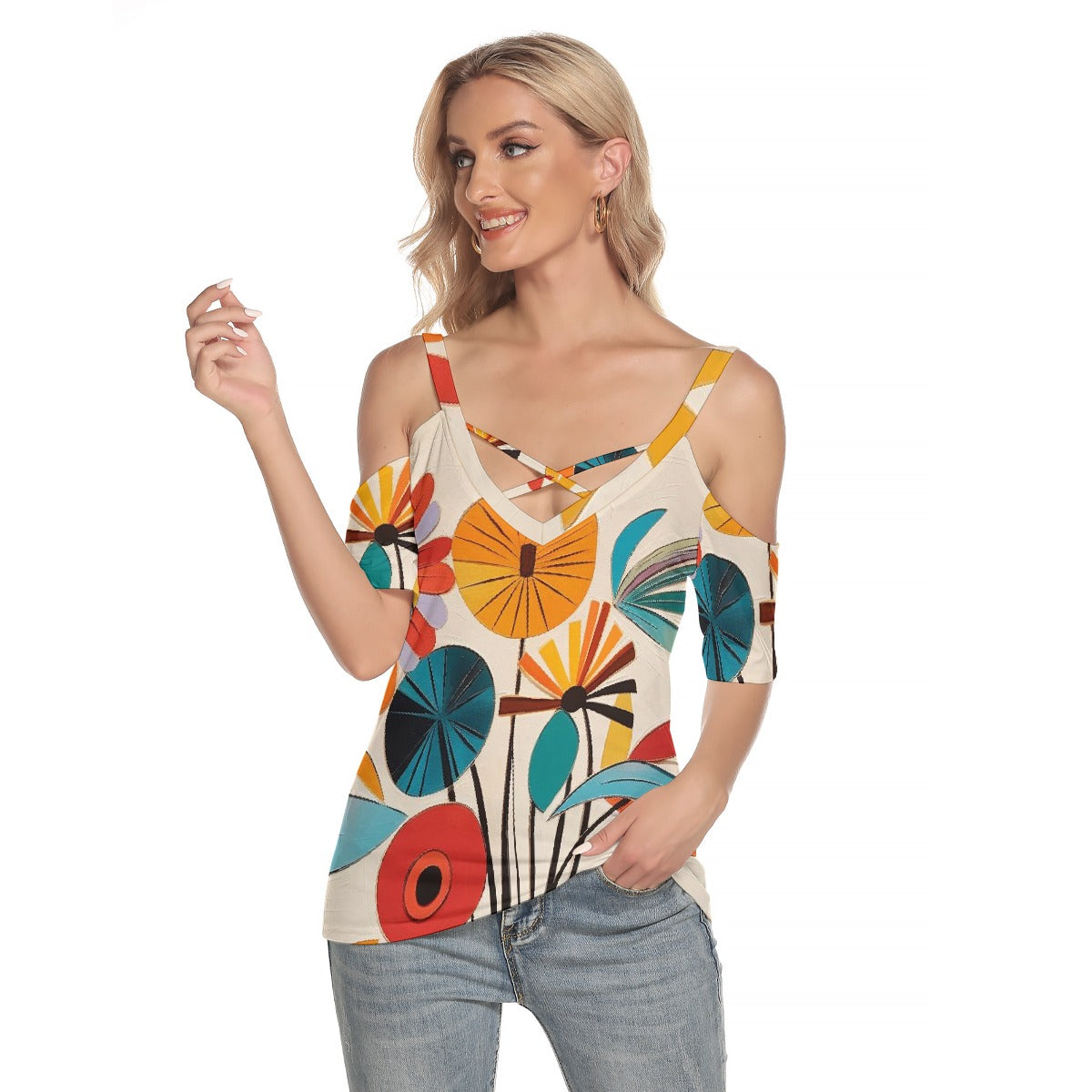 All-Over Print Women's Cold Shoulder T-shirt With Criss Cross Strips