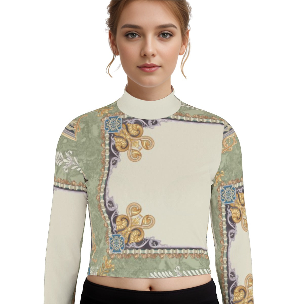 Eco-Friendly All-Over Print Women's Turtleneck T-shirt With Long Sleeve