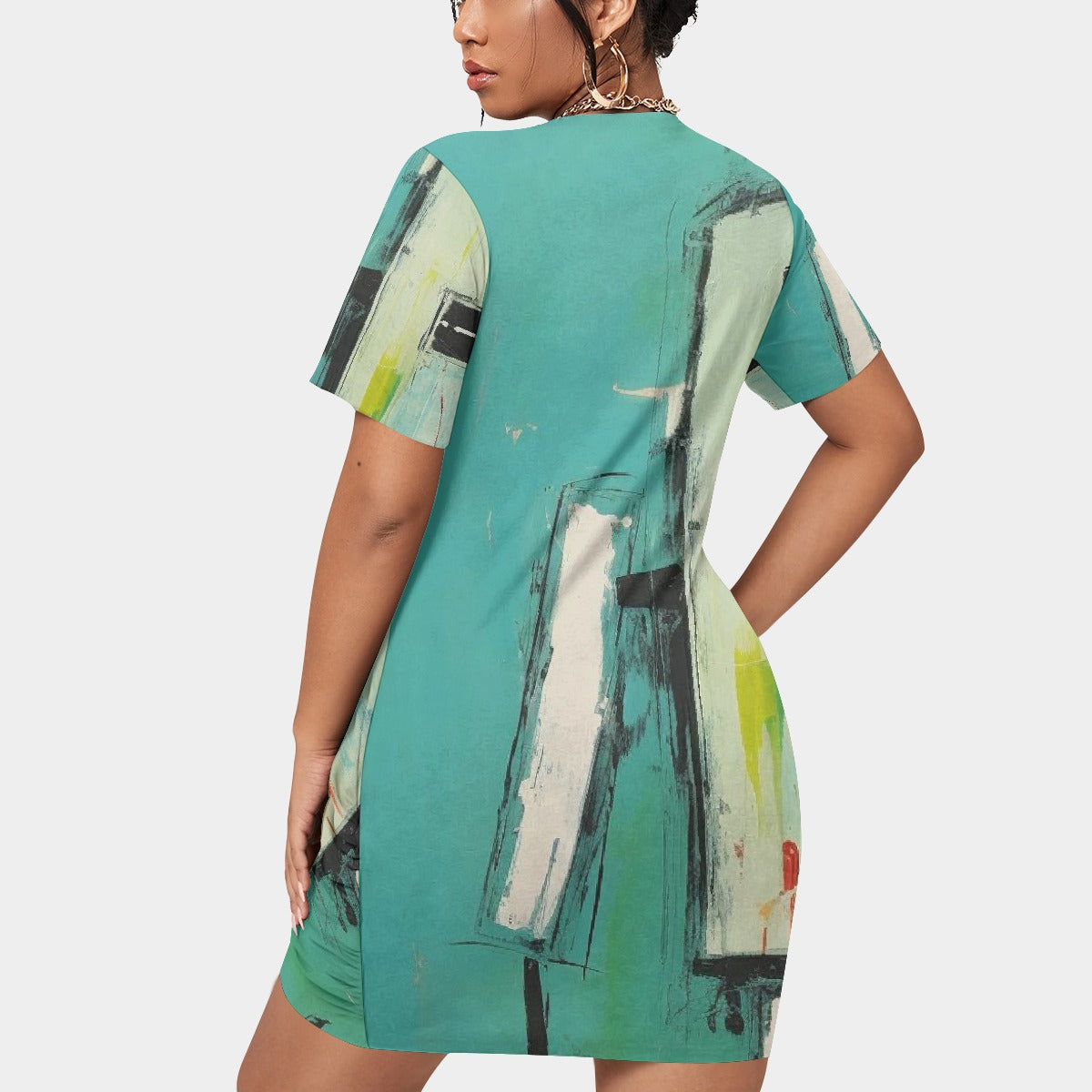 All-Over Print Women’s Stacked Hem Dress With Short Sleeve（Plus Size）