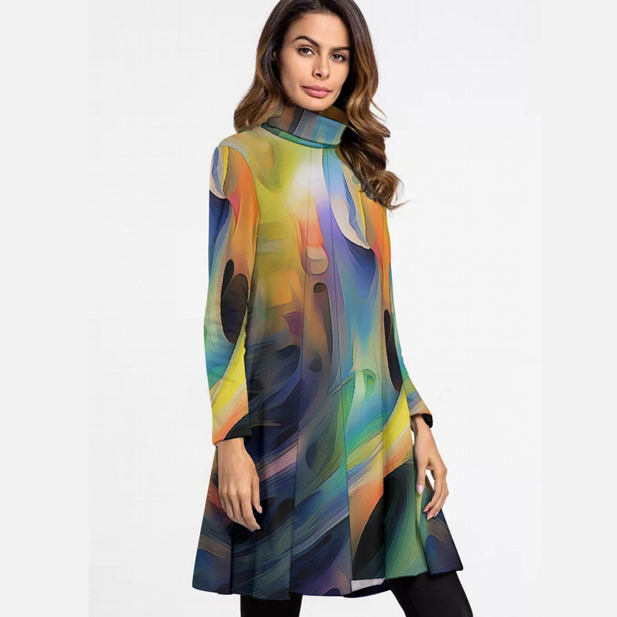 All-Over Print Women's High Neck Dress With Long Sleeve