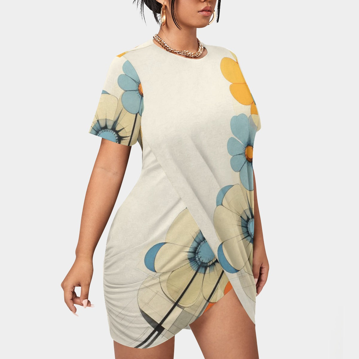 All-Over Print Women’s Stacked Hem Dress With Short Sleeve（Plus Size）