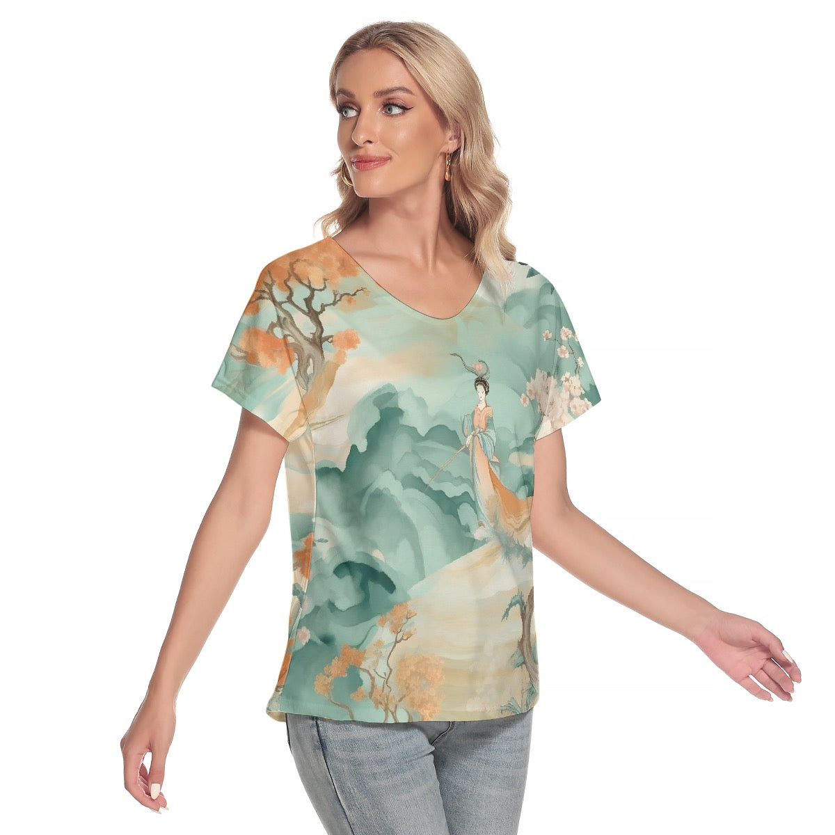 All-Over Print Women's Loose V-neck Short Sleeve T-shirt