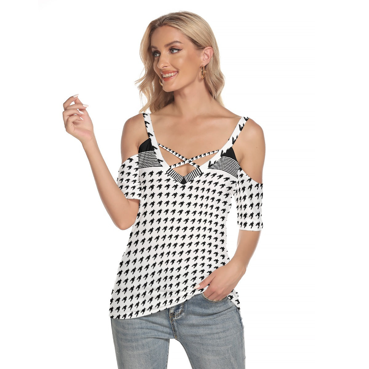 All-Over Print Women's Cold Shoulder T-shirt With Criss Cross Strips