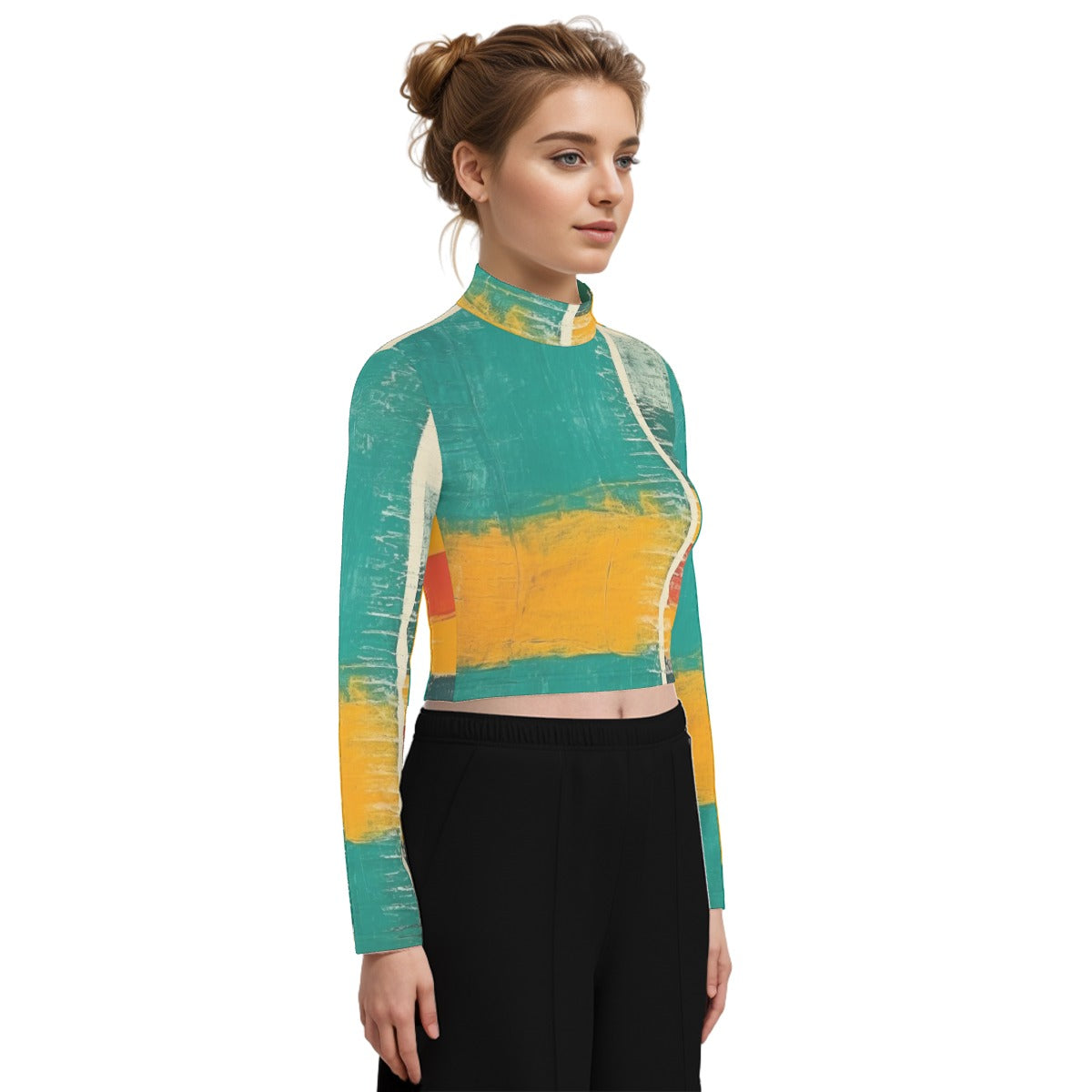 Eco-Friendly All-Over Print Women's Turtleneck T-shirt With Long Sleeve