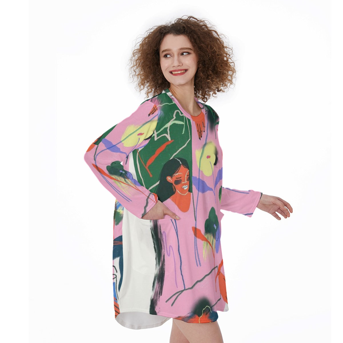 All-Over Print Women's Casual Loose Long Sleeve Dress With Pocket