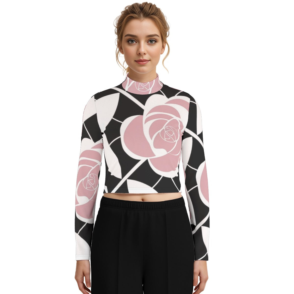 Eco-Friendly All-Over Print Women's Turtleneck T-shirt With Long Sleeve