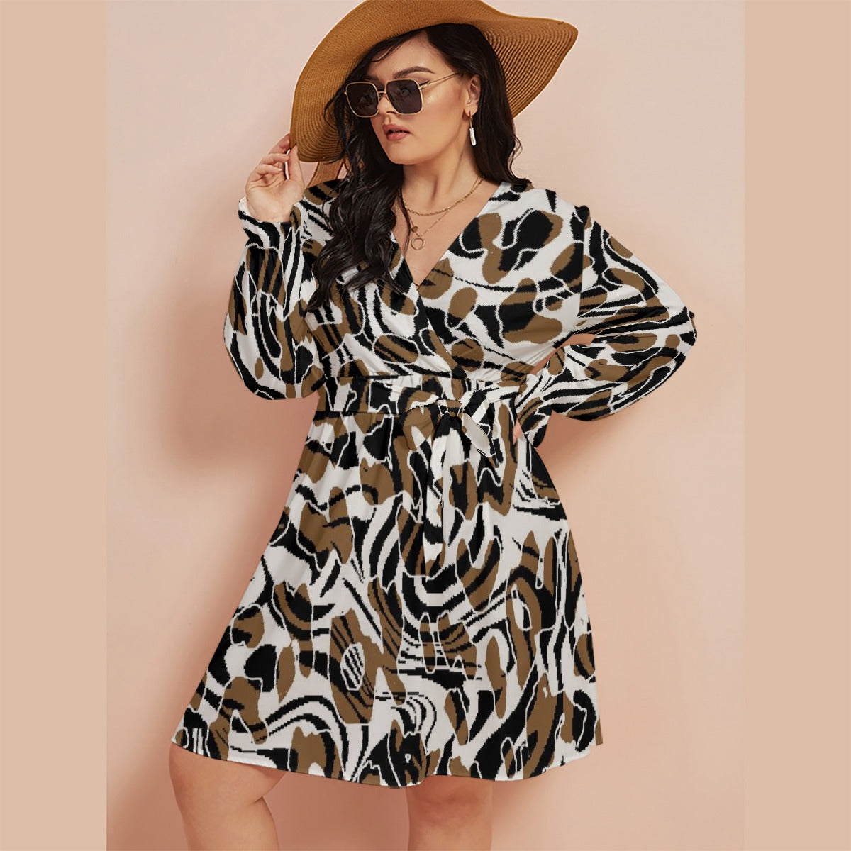 All-Over Print Women's V-neck Dress With Waistband(Plus Size)