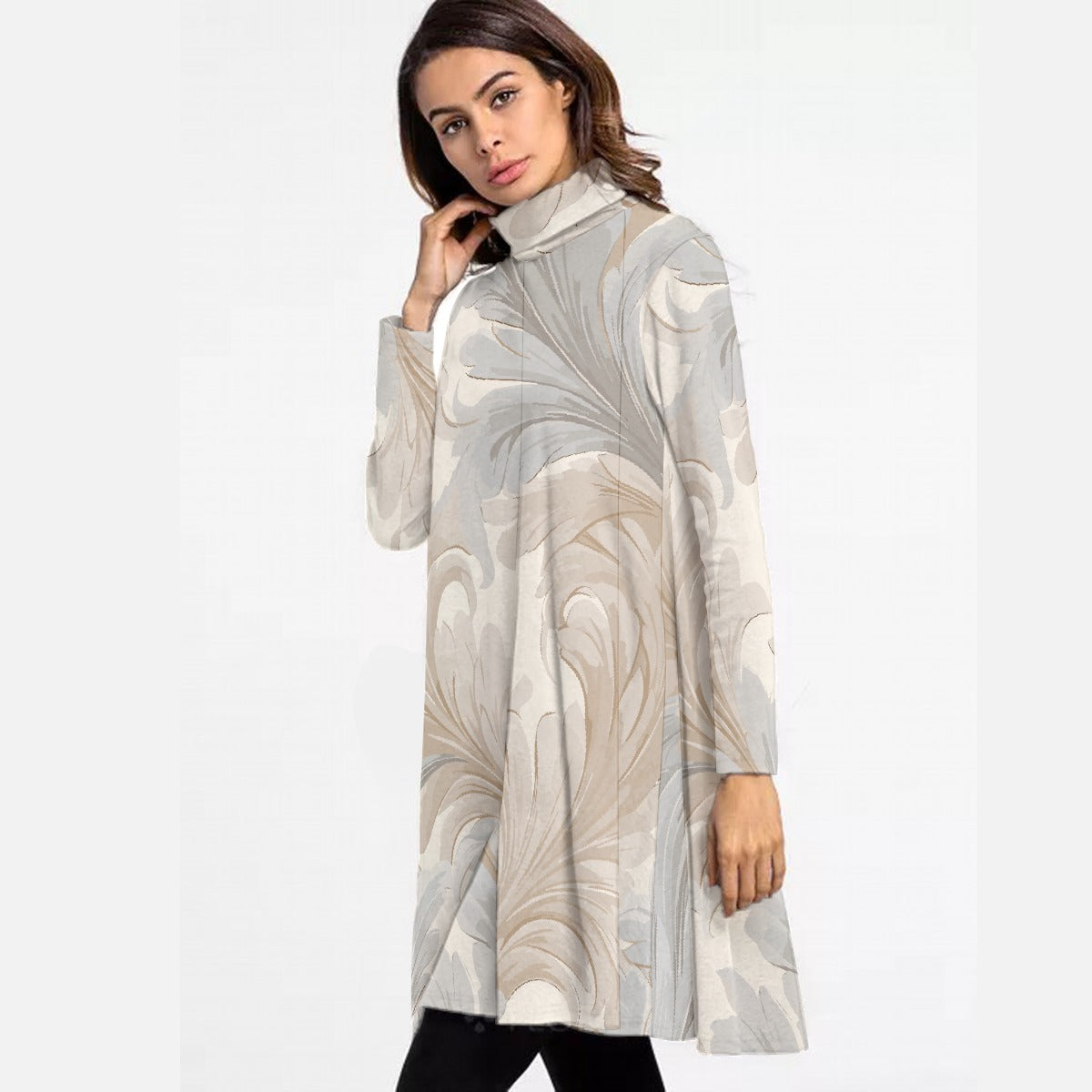 All-Over Print Women's High Neck Dress With Long Sleeve