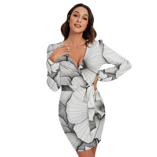 All-Over Print Women's Long Sleeve Dress With Waist Belt