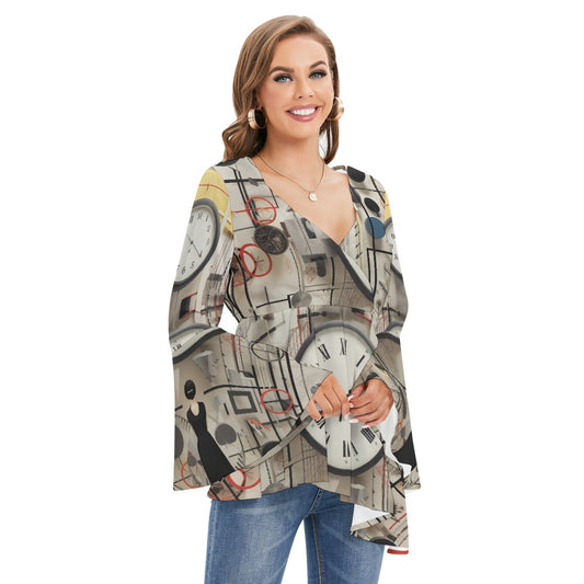 All-Over Print Women's V-neck Blouse With Flared Sleeves