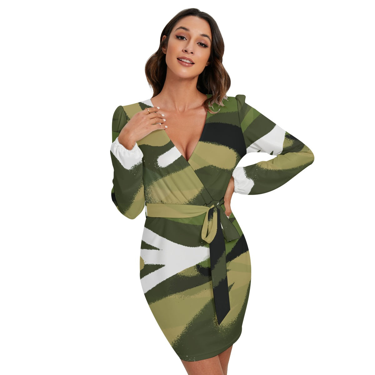 All-Over Print Women's Long Sleeve Dress With Waist Belt