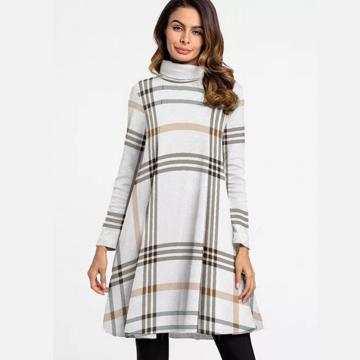 All-Over Print Women's High Neck Dress With Long Sleeve