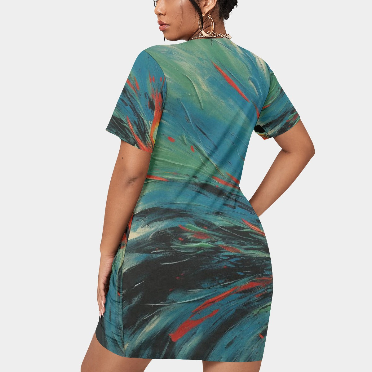 All-Over Print Women’s Stacked Hem Dress With Short Sleeve（Plus Size）