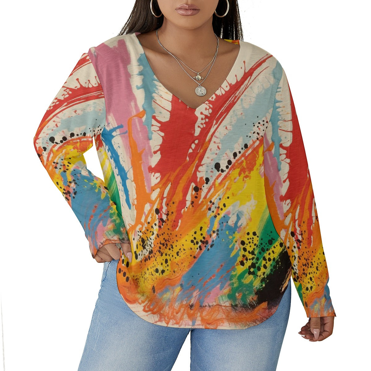 All-Over Print Women's V-neck T-shirt With Curved Hem(Plus Size)