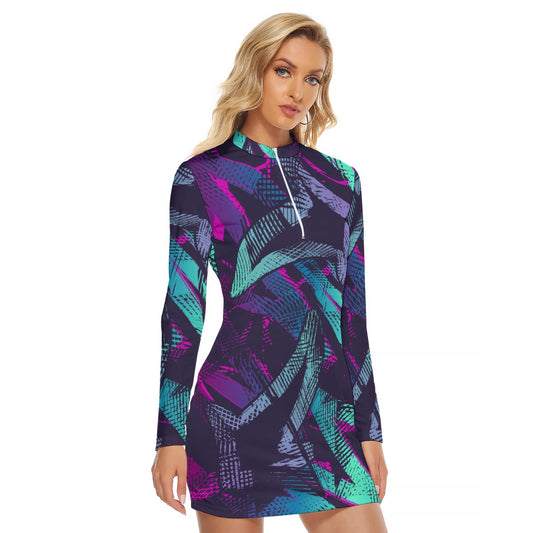 All-Over Print Women's Zip Front Tight Dress