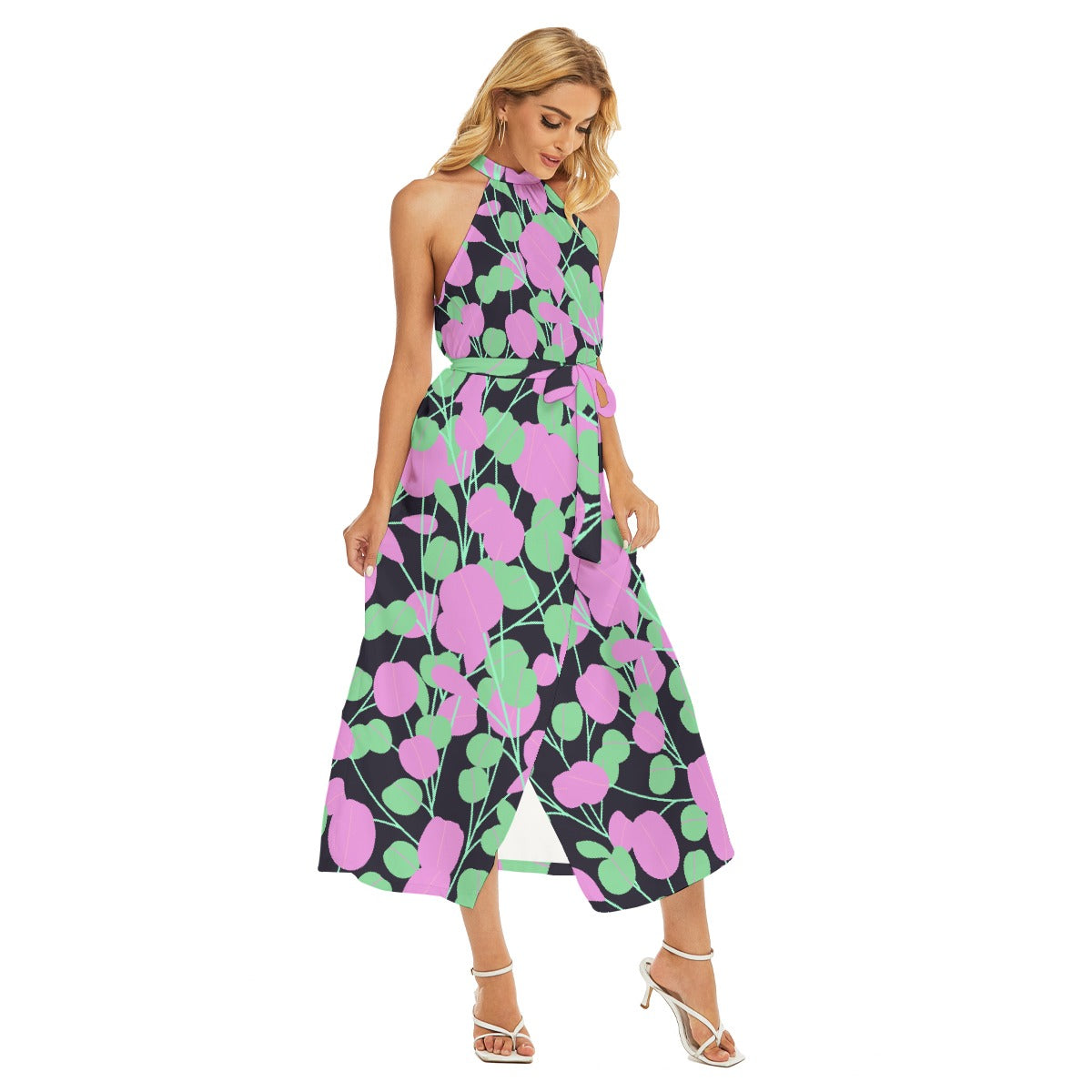 All-Over Print Women's Wrap Hem Belted Halter Dress