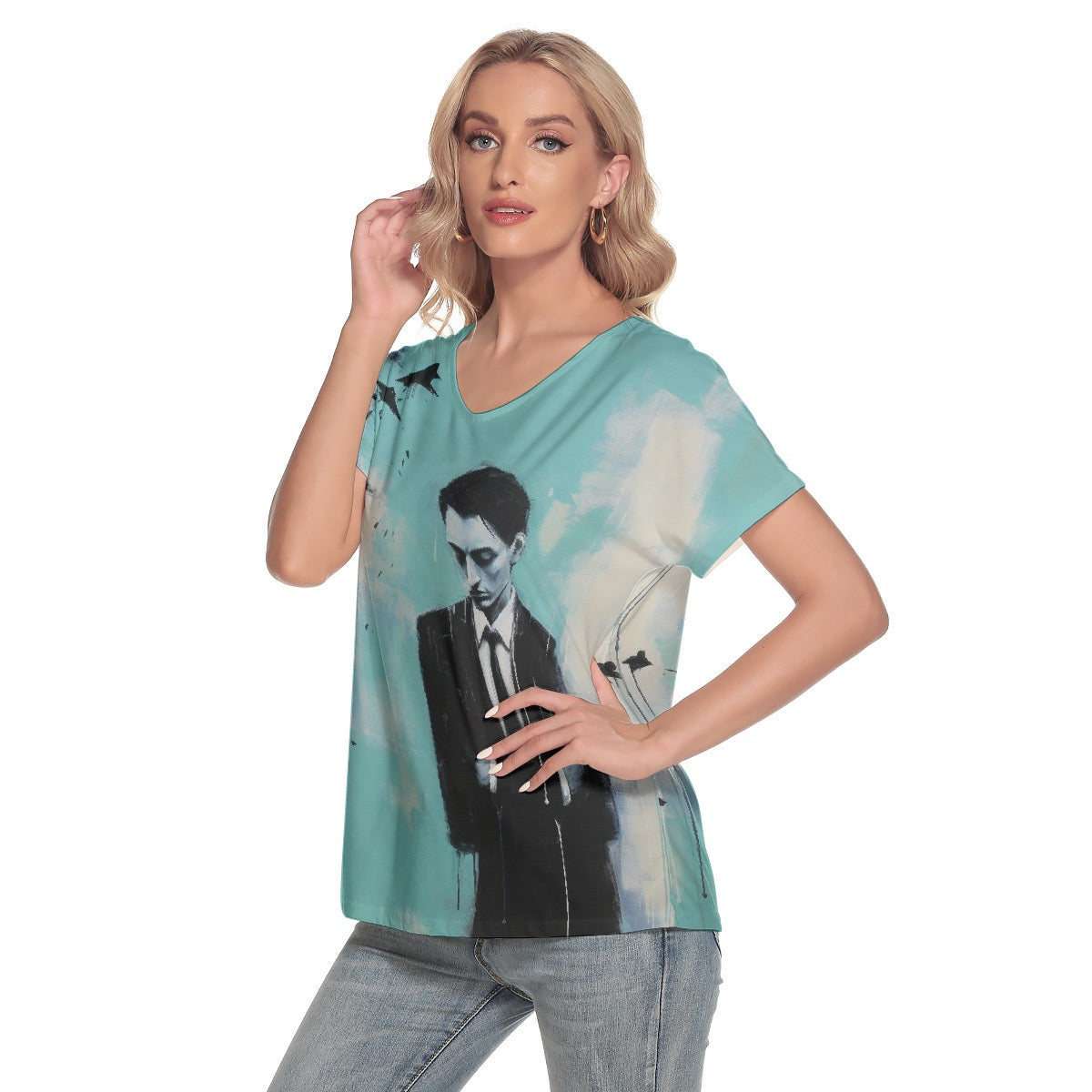 All-Over Print Women's Loose V-neck Short Sleeve T-shirt