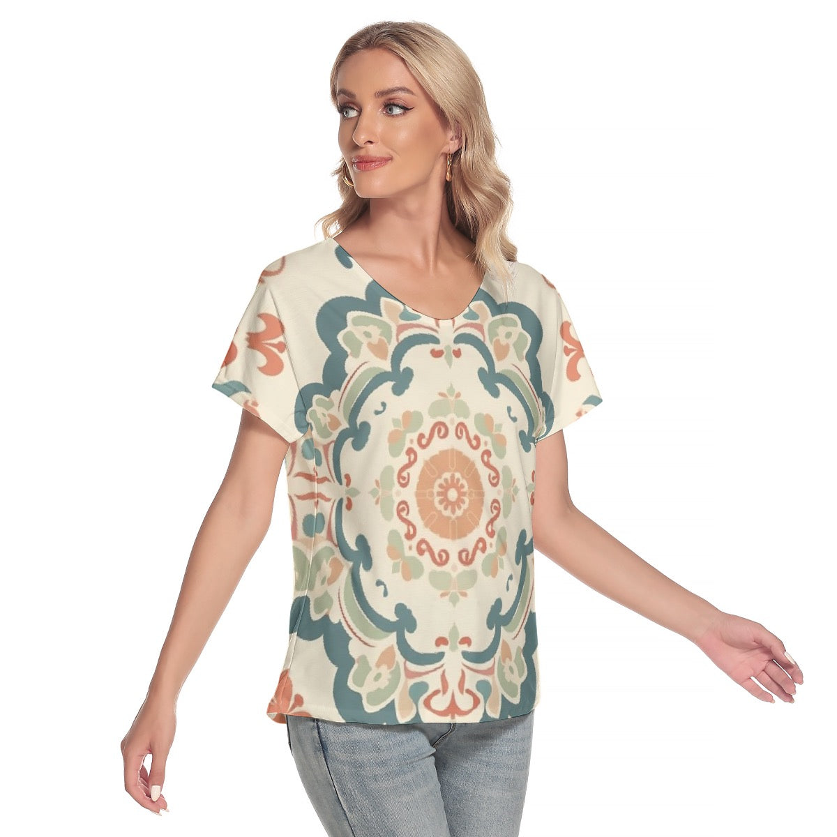 All-Over Print Women's Loose V-neck Short Sleeve T-shirt