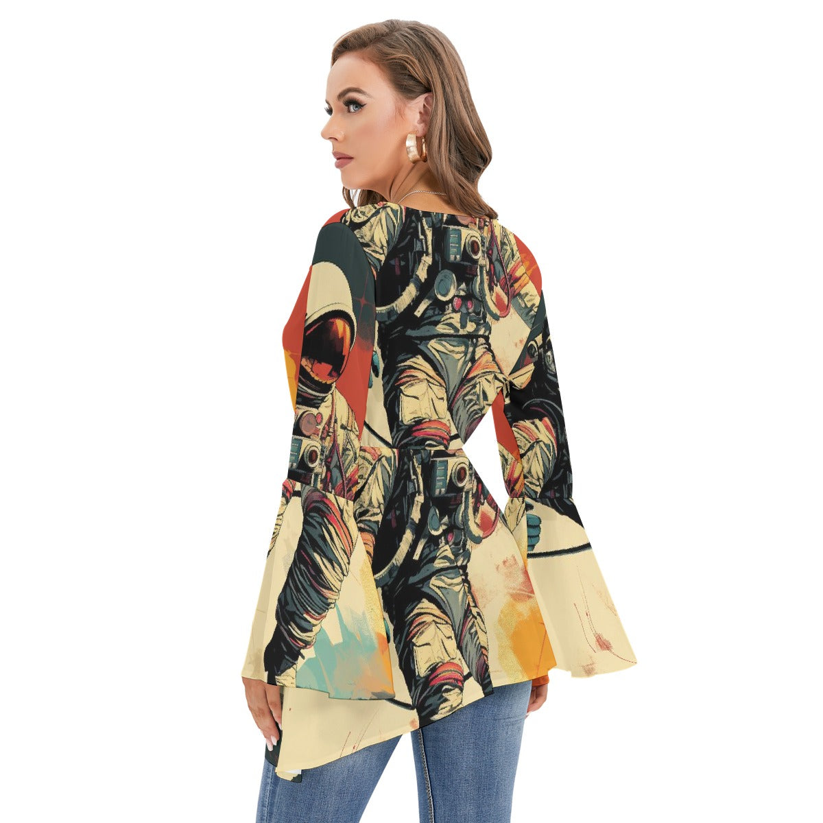 All-Over Print Women's V-neck Blouse With Flared Sleeves