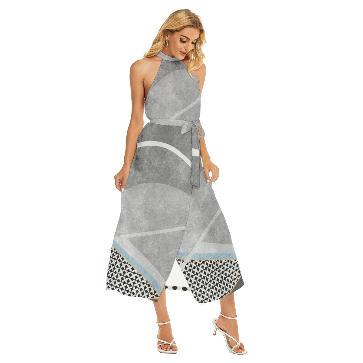 All-Over Print Women's Wrap Hem Belted Halter Dress